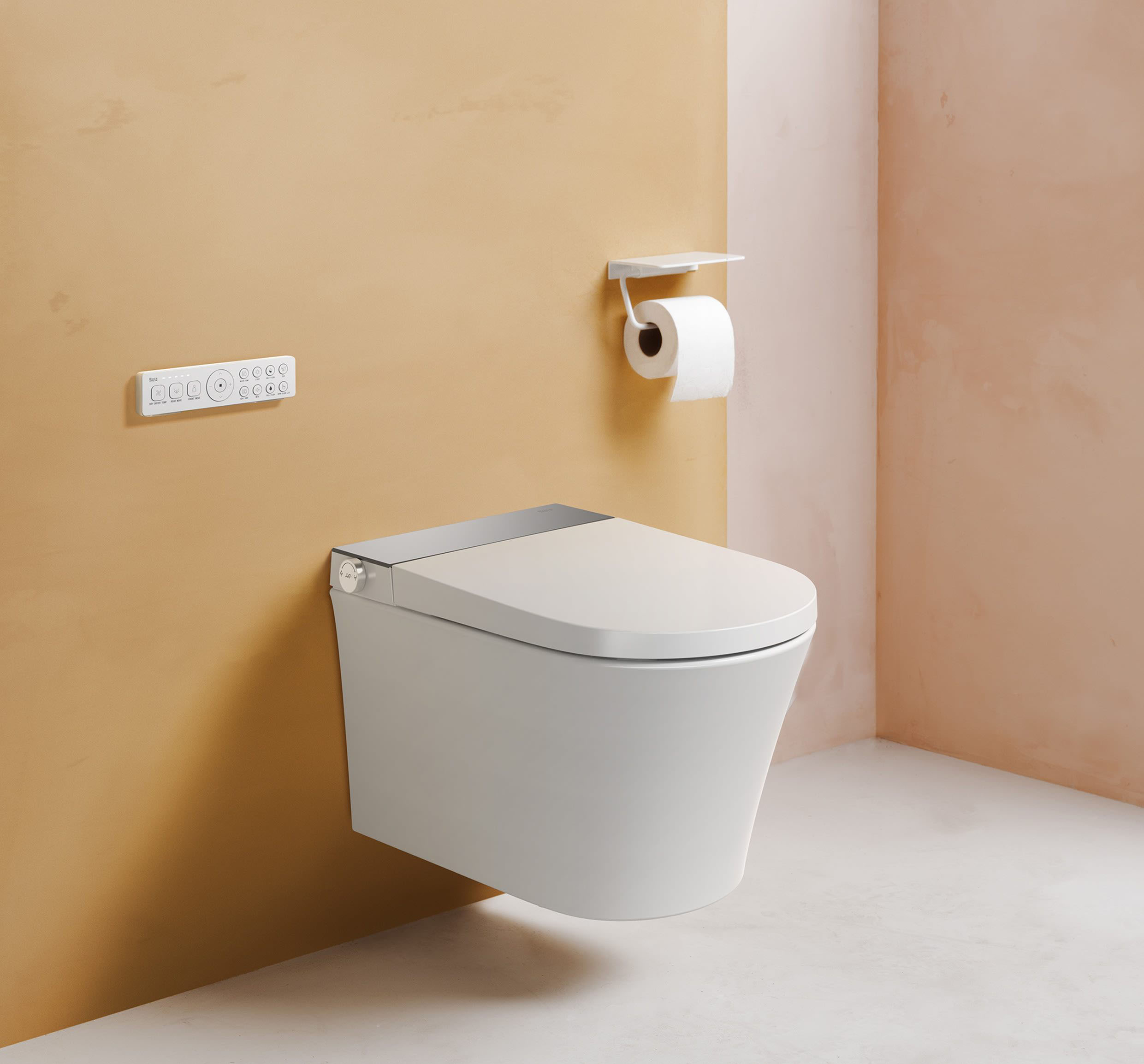 Roca In-Wash Omi — Wall-hung smart toilet & bidet with cleansing and drying functions. installed in a bathroom, lifestyle photo 1